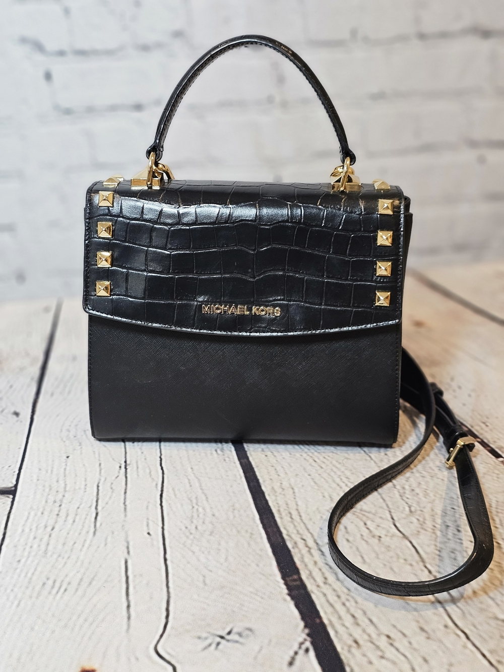 Michael Kors Black Croc-Trim Top Handle Satchel